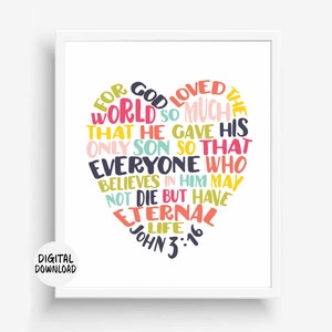 Jean 3 : 16, décoration murale imprimable pour l'école du dimanche - For God So Loved The World - Écriture colorée pour chambre d'enfant