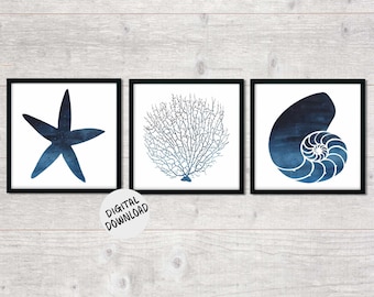 Printable Set Of 3 Art Prints- 12 x 12 Prints  -Sea Coral /Starfish /Nautilus Shell  Wall Art - Dark Blue Watercolor Sea Life Poster