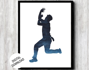 Afdrukbare kunst aan de muur Cricket Fast Bowler - marineblauwe sport aquarel poster voor sport thema jongenskamer, tiener slaapkamer, decor slaapzaal