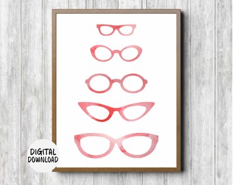 Eye Glasses Wall Art Printable - Optometrist /Optometry Art, Coral Watercolor Poster - Spectacles Optician Gift