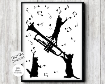 May include: Black and white silhouette of two cats playing music. One cat is standing on a trumpet and the other is holding a music note. There are musical notes scattered around the cats.