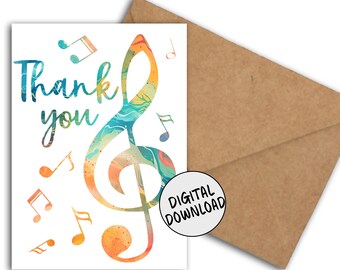 Printable Thank You Card With Treble Clef & Music Notes For Musician Teacher /Music Student - Appreciation Gift For Music Lover 5x7 PDF