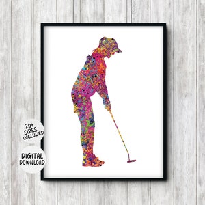 Printable Woman Golf Player Silhouette Wall Art - Watercolor Golf Office / Teen Room Wall Decor - Gift For Girl Golfer - Putting Poster