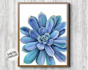 Blue Succulent Printable Nursery /Office /Bathroom /Bedroom Wall Art -Watercolor Botanical Print -Plant Wall Decor - 11 x 14 - 8 x 10- 5 x 7