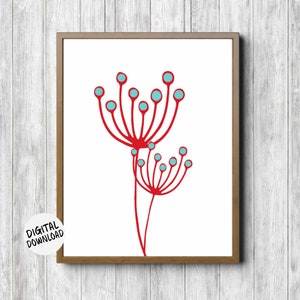 Red And Turquoise Kitchen Printable Wall Decor- Pincushion Flower  Wall Art - Simple Flower Print - 11 x 14 - 8 x 10 - 5 x 7