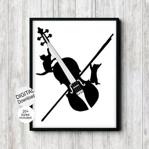 Printable Music Studio Art Of 2 Cats Playing A Violin, Musician Teen Room Wall Art, Violinist & Cat Lover Gift, Quirky Decor
