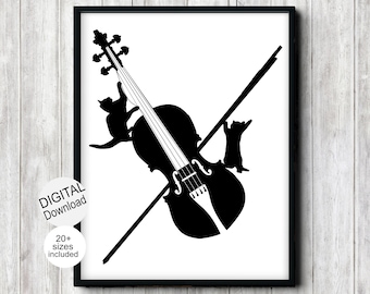 Arte de estudio de música imprimible de 2 gatos tocando un violín, arte de pared para habitación de adolescentes músicos, regalo para violinistas y amantes de los gatos, decoración peculiar