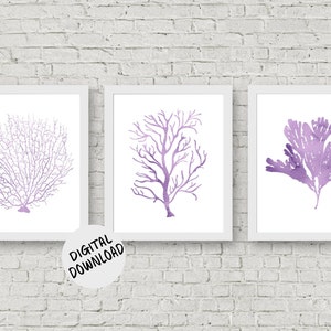 Sea Coral Set Of 3 Art Prints - Seaweed/ Fan Coral Printables - Lavender /Purple Office /Nursery /Bathroom Art Print - Beach Theme
