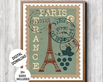 Afdrukbare retro poster met reisthema Parijs in vintage stijl voor thuis- of kantoordecoratie, nostalgische Franse postzegel muurkunst