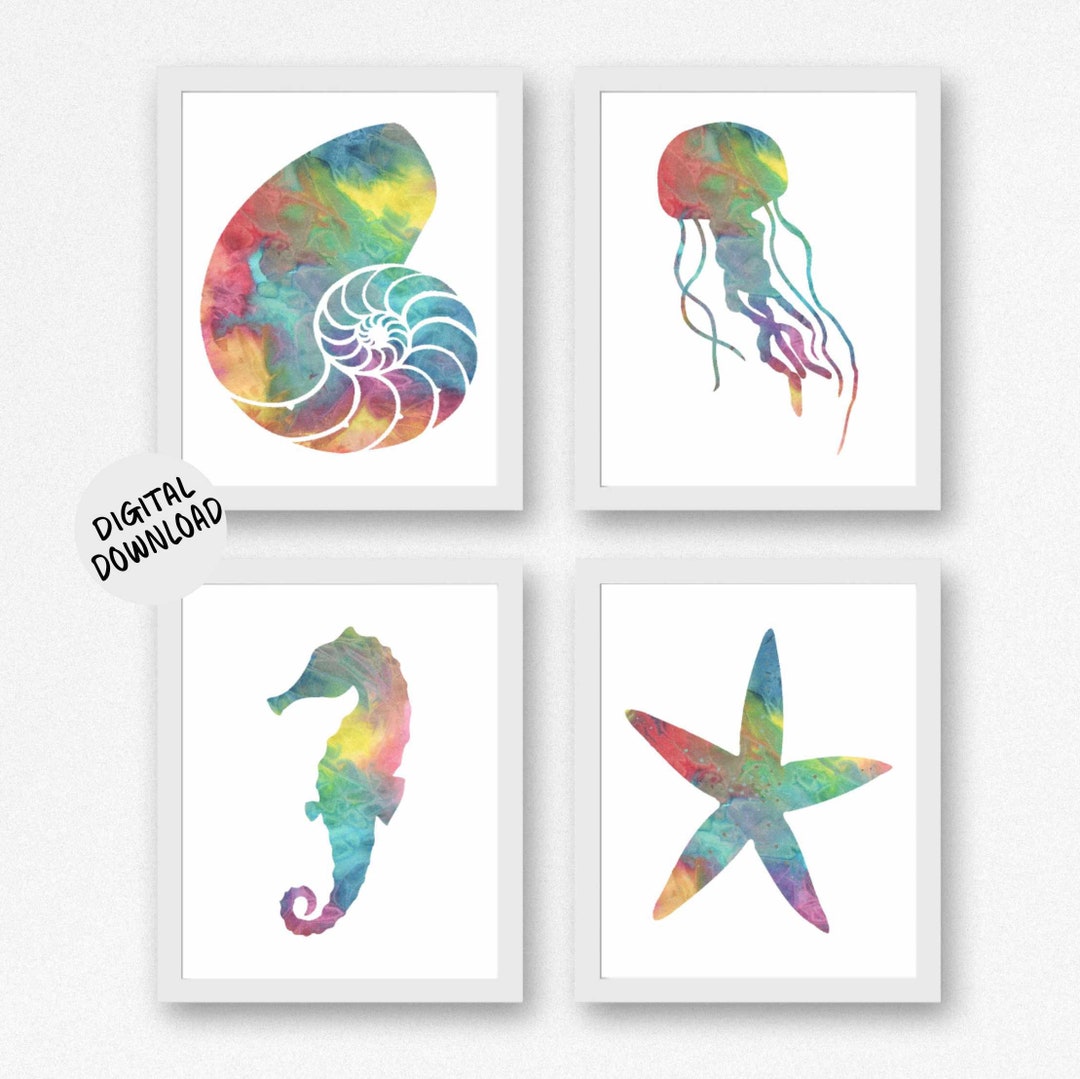 Printable 8 X 10 Set of 4 Sea Life Art Prints colorful Nursery / Bathroom Posters Nautilus Shell ...