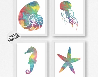 Printable 8 x 10 Set Of 4 Sea Life Art Prints -Colorful Nursery / Bathroom Posters-  Nautilus Shell/ Jellyfish/ Starfish/ Seahorse Decor