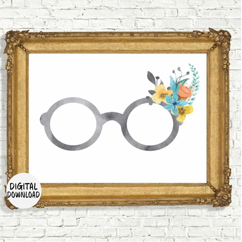 printable wall art of round eyeglasses frames in grey and a bouquet of yellow and turquoise flowers in the right top corner of the glasses