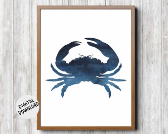 Crab Printable Wall Art - Dark Blue Watercolor Office Wall Decor - Beach Themed Bathroom Print - Crustacean core