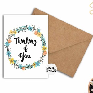 Pensando en ti tarjeta de felicitación imprimible para niña / mujer / abuela / mamá - amistad / aliento - flor de acuarela / corona floral