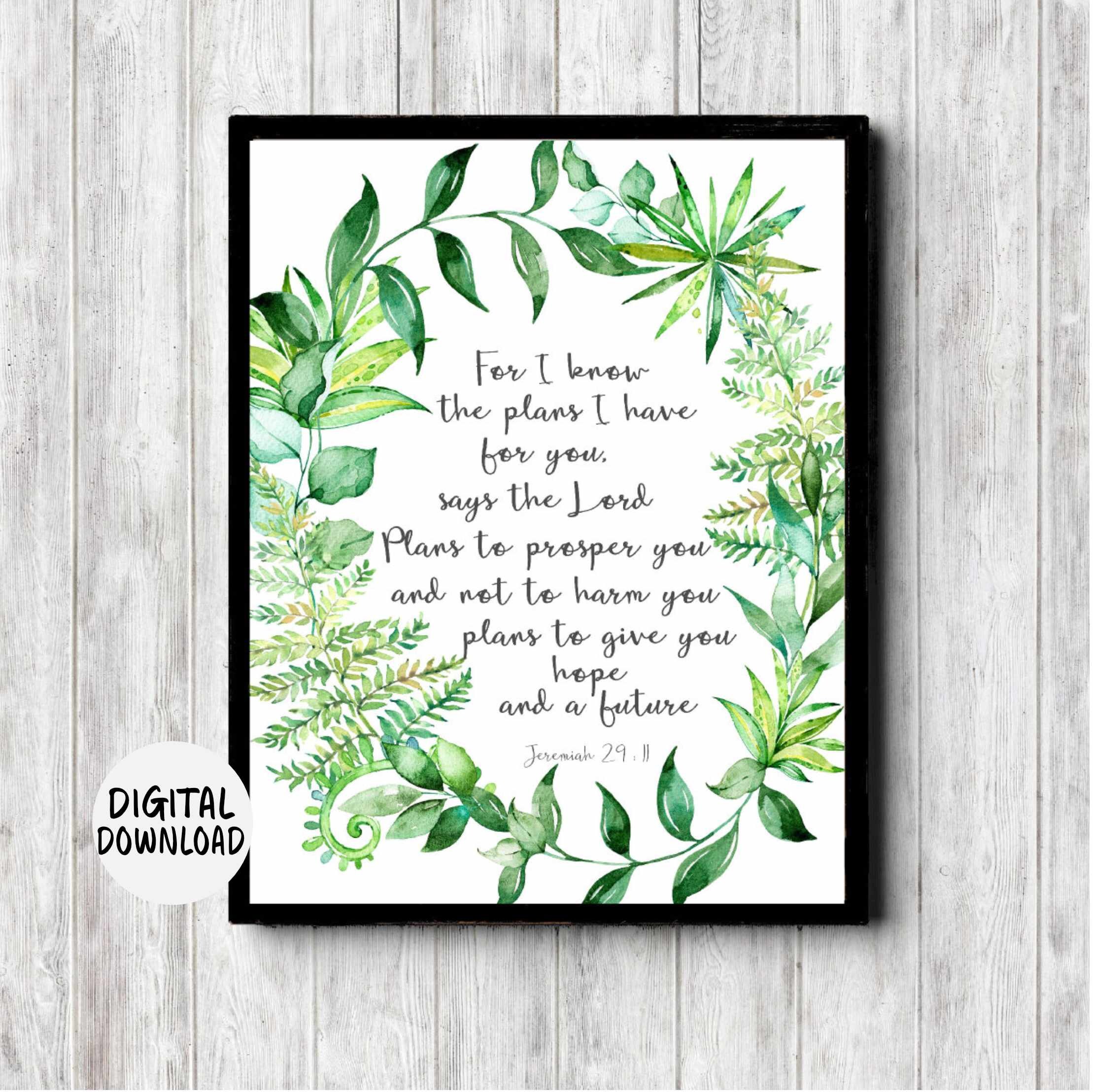 Printable Jeremiah 29 :11 Bible Verse Green Leaf Watercolor - Etsy