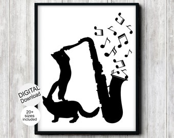 May include: Black and white silhouette of two cats playing a saxophone with musical notes floating around them. The image is set against a white background.