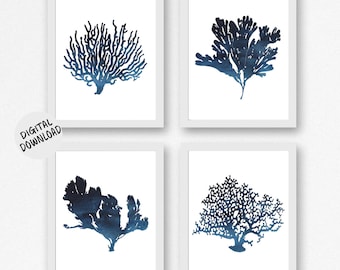 Set Of 4 Sea Coral Art Printable- Fan Coral /Seaweed Wall Art Prints-Watercolor Poster- Beach Theme Decor- Dark Blue