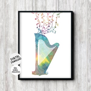 Silueta de arpa con notas musicales, arte de pared imprimible, impresión de instrumento de música clásica/folclórica, regalo para músico arpista/profesor/estudiante