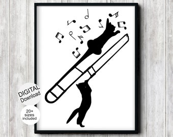 May include: Black and white silhouette of two cats playing a trombone. The cat on top is holding the trombone and the cat on the bottom is playing the slide. Musical notes are scattered around the cats.