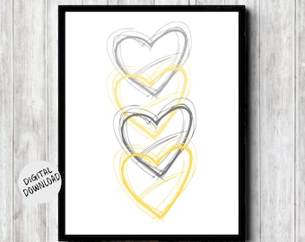 Minimalist Yellow & Grey Hearts Printable Wall Art - Nursery /Girls Room Simple Art Prints - Office Decor - Instant Download