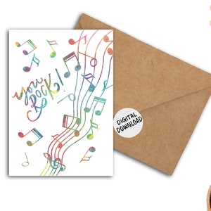 Tarjeta imprimible "You Rock" para músicos, amantes de la música, profesores y estudiantes. Notas musicales en acuarela. Tarjeta de agradecimiento y felicitación.