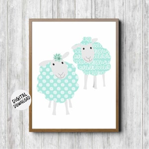 Mint Green Nursery / Kids Room Printable Wall Art - Sheep Wall Decor - Farm Animal Poster - Boys / Girls Room - Floral Print
