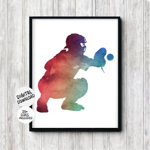 Baseball Player Printable Wall Art - Teen Boy Room / Nursery Sport Decor - Baseball Catcher Poster Gift For Men / Boys -Red, Blue Watercolor