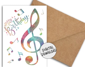 Printable Happy Birthday Card With Treble Clef & Music Notes For Musician / Music Teacher or Student -Colorful Card For Music Lover