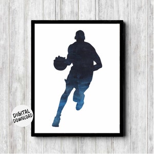 May include: A watercolor silhouette of a basketball player dribbling the ball. The player is in a blue and black gradient color.