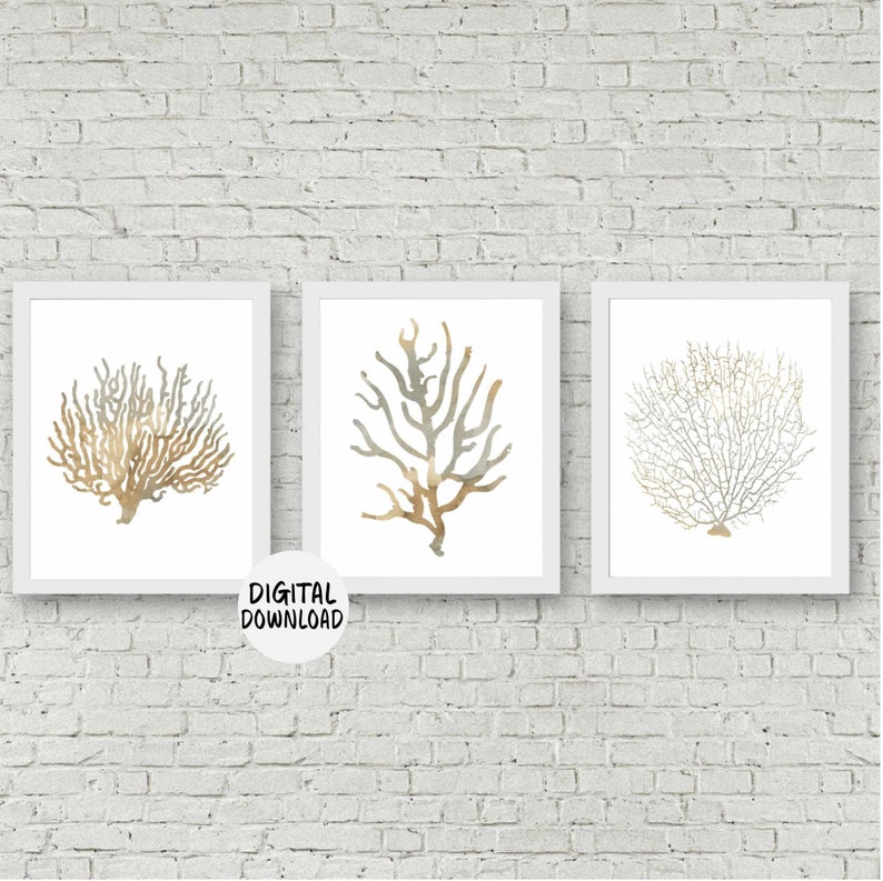 Set of 3 Sea Coral Art Prints seaweed Wall Art Watercolor Etsy