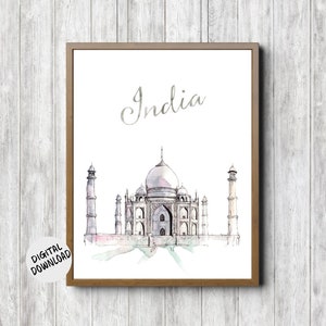 Taj Mahal Printable Wall Art - Watercolor India Print - Famous Monument / Landmark - Travel Art Poster Gift - World Cities Digital