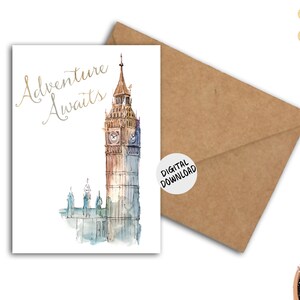 Aventura em Londres para impressão aguarda cartão de viagem com aquarela Big Ben - cartão de formatura / partida