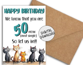 50e grappige verjaardagskaart voor kattenliefhebbers, eigenzinnige afdrukbare kattendame verjaardagskaart, mijlpaal gelukkige verjaardag voor haar 5 x 7 afdrukken thuis