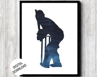Cricket batsman silhouet afdrukbare muurkunst - sport tiener jongens kamer / kinderkamer / jongens slaapkamer decor - marineblauw 16 x 20, 11 x 14, 8 x 10, 5 x 7