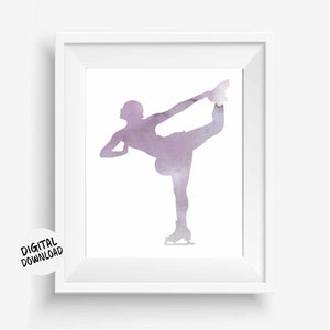 Schaatser silhouet afdrukbare muurkunst - aquarel skater meisje kinderkamer / kantoorposter - schaatscadeau