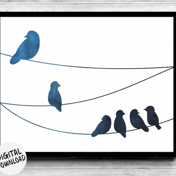 Birds On A Wire Printable Poster - Watercolor Birds Nursery /Boys /Girls Room Decor - Bird Silhouette Wall Art - Gender Neutral Dark Blue