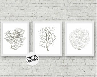 Set Of 3 Art Prints - 8 x 10 Printable Art Set -Watercolor Sea /Fan Coral - Office /Bathroom Wall Art - Gender Neutral Nursery Decor