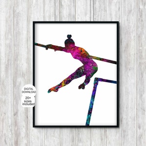 Womens gymnastics print watercolor, Uneven bars gymnastics girls room decor, Printable female gymnast sport poster, Colorful wall art