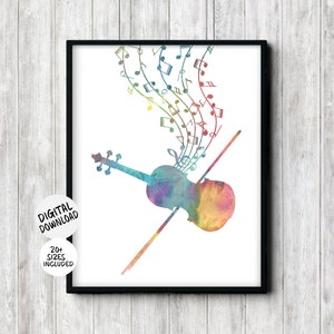 May include: A watercolor painting of a violin with musical notes flowing from it. The violin is painted in shades of blue, green, yellow, orange, and red. The musical notes are painted in black.