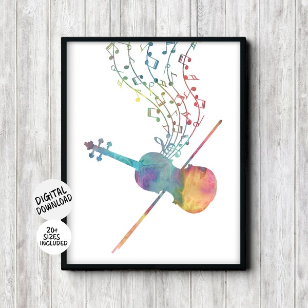 Watercolor Violin And Bow With Music Notes Printable Wall Art- Gift For Musician /Music Teacher /Musical Kid - String Instrument Print