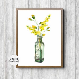 Flores de acuarela en una botella / arte de la pared del jarrón - flores silvestres imprimibles - cartel de la cocina - decoración de la pared de la oficina- arte del ramo floral amarillo