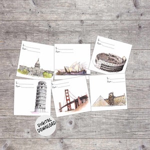 Etichette regalo stampabili ad acquerello - Carte regalo di viaggio per città del mondo - Cancelleria stampabile - Washington DC/Sydney/Roma/Pisa/San Francisco