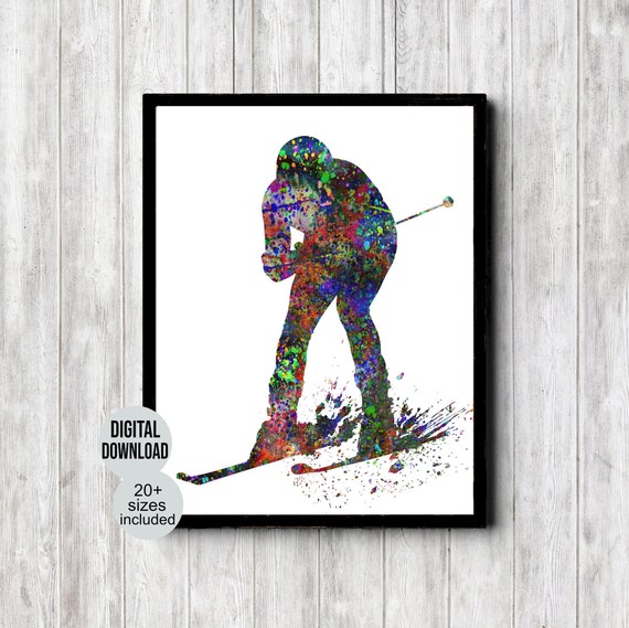 Printable snow ski wall art Ski lodge decor Watercolor Etsy