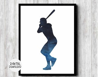 Watercolor Sports Printable Wall Art - Baseball Player Silhouette Print - Teen Boy /Nursery /Baby Shower Sport Poster - Gift For Him