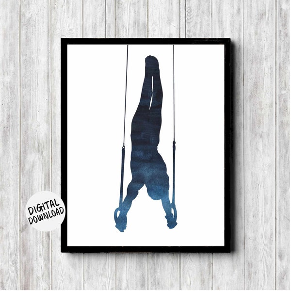 Mens Gymnastics Printable Wall Art - Male Gymnast On Still Rings Print - Dorm / Teen Boy / Nursery Decor