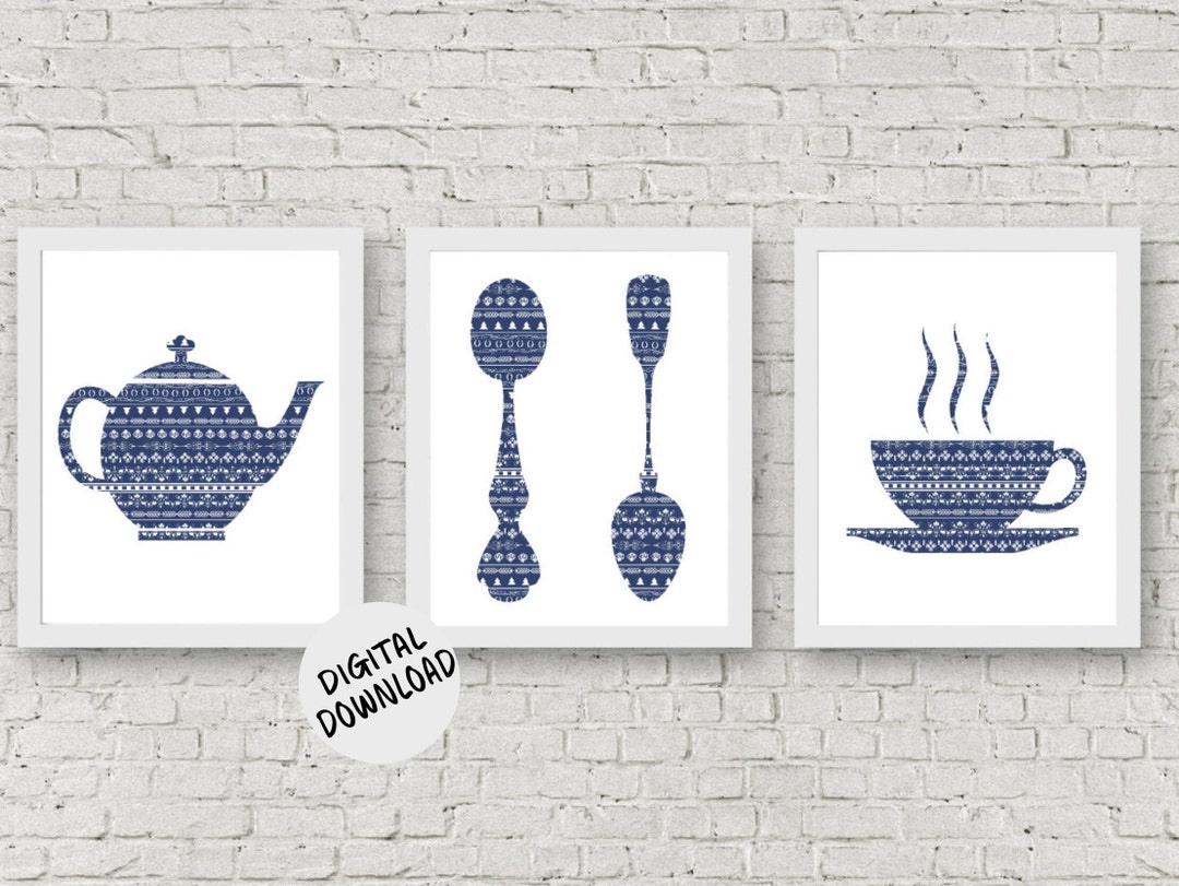 kitchen art personalized prints - utensils, cups,... Set of 3 Art Prints Kitchen Printable Wall Art Teapot /spoons /teacup ...