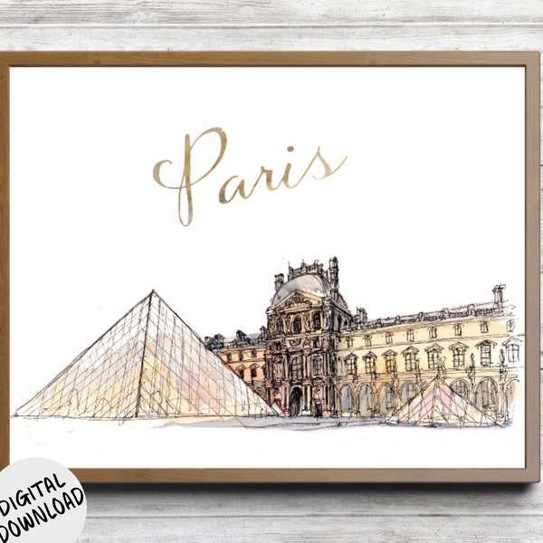 Printable Louvre Museum, Paris, France Wall Art - Historic Monument Poster - Watercolor Landmark Nursery / Office Print - French Art Gift