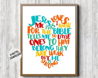 Printable Kids / Childrens Christian Hymn Wall Art - Jesus Loves Me This I know Baby Gift - Colorful Nursery Print- Word Collage Heart Print