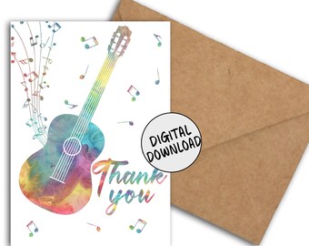 Afdrukbare bedankkaart met akoestische gitaar en muzieknoten voor muziekleraar/muziekstudent/muzikant - waarderingskaart voor muziekliefhebber