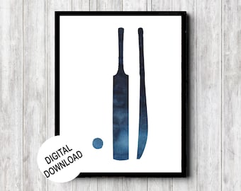 Afdrukbare kunst aan de muur Cricket Fast Bowler - marineblauwe sport aquarel poster voor sport thema jongenskamer, tiener slaapkamer, decor slaapzaal